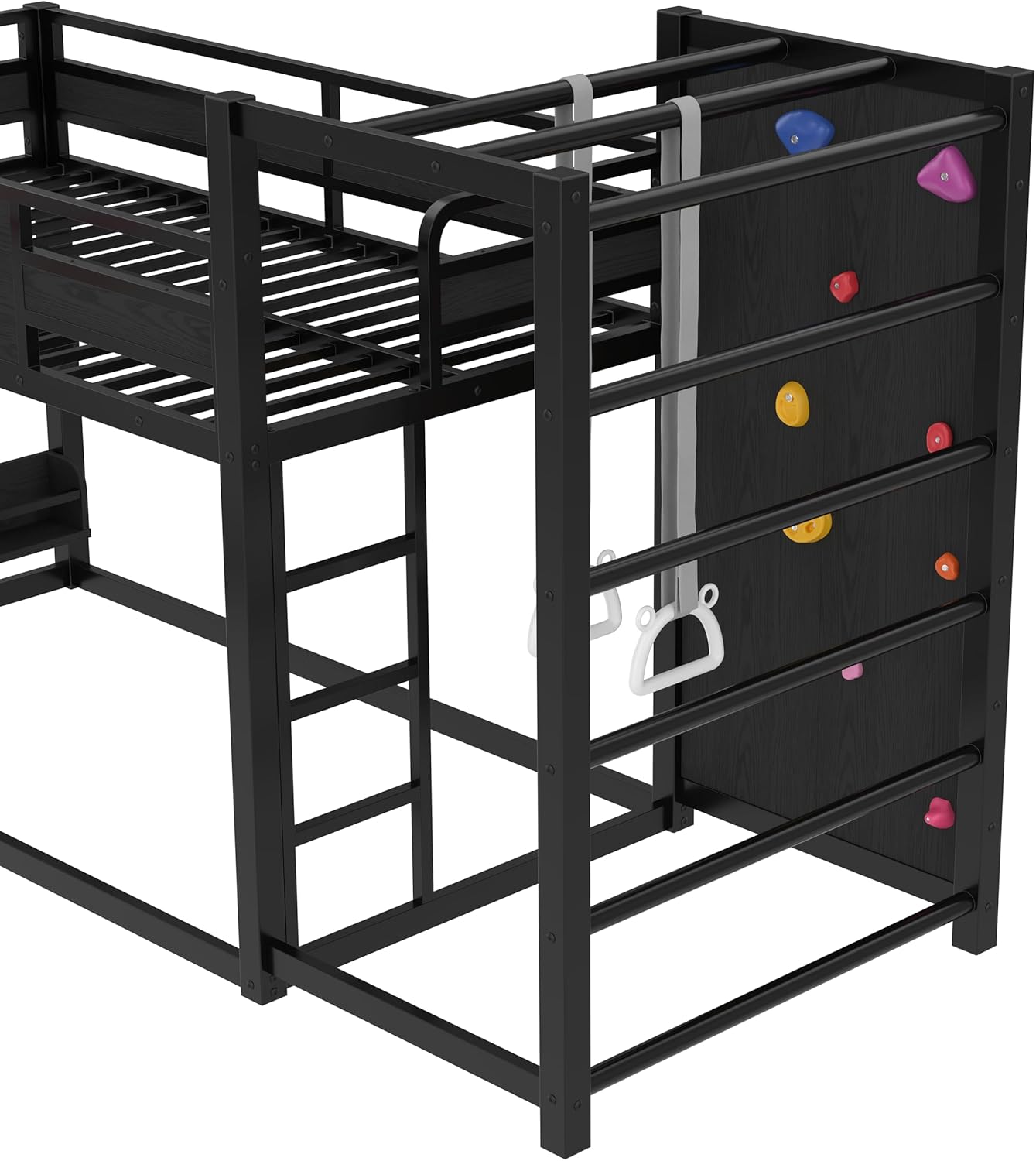 Metal Twin Over Twin Bunk Bed with Slide and Bookshelf, Modern Heavy Duty Bunk Bed with Basketball Hoop, Pull-Up Rings and Climbing Wall, Low Playhouse Loft Bed for Kids, Black