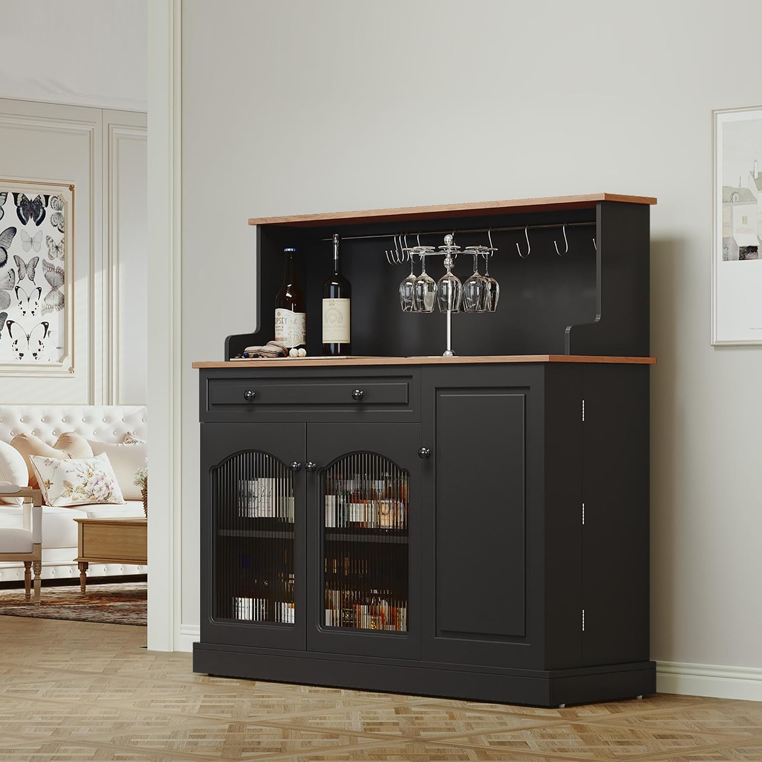 ARTPOWER Farmhosue Coffee Bar Cabinet with Hutch - 48' Modern Buffet Cabinet with Drawer Storage and Glass Doors,Wine Bar Table with Adjustable Shelves for Living Dining Room,Black