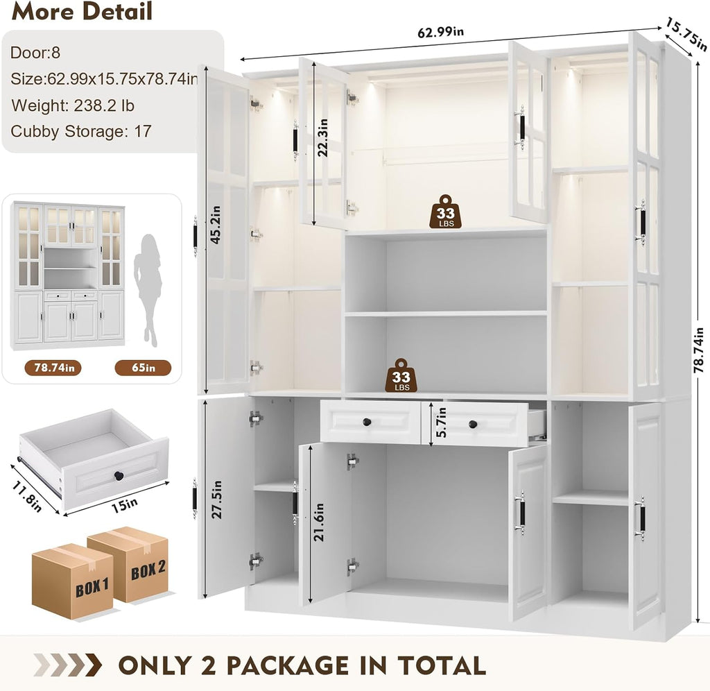 MEISSALIVVE Kitchen Pantry Storage Cabinet with LED Lights, 78.7' Tall with Glass Doors & Drawers, Freestanding Utility Cabinet, White (63' W x 15.7' D)