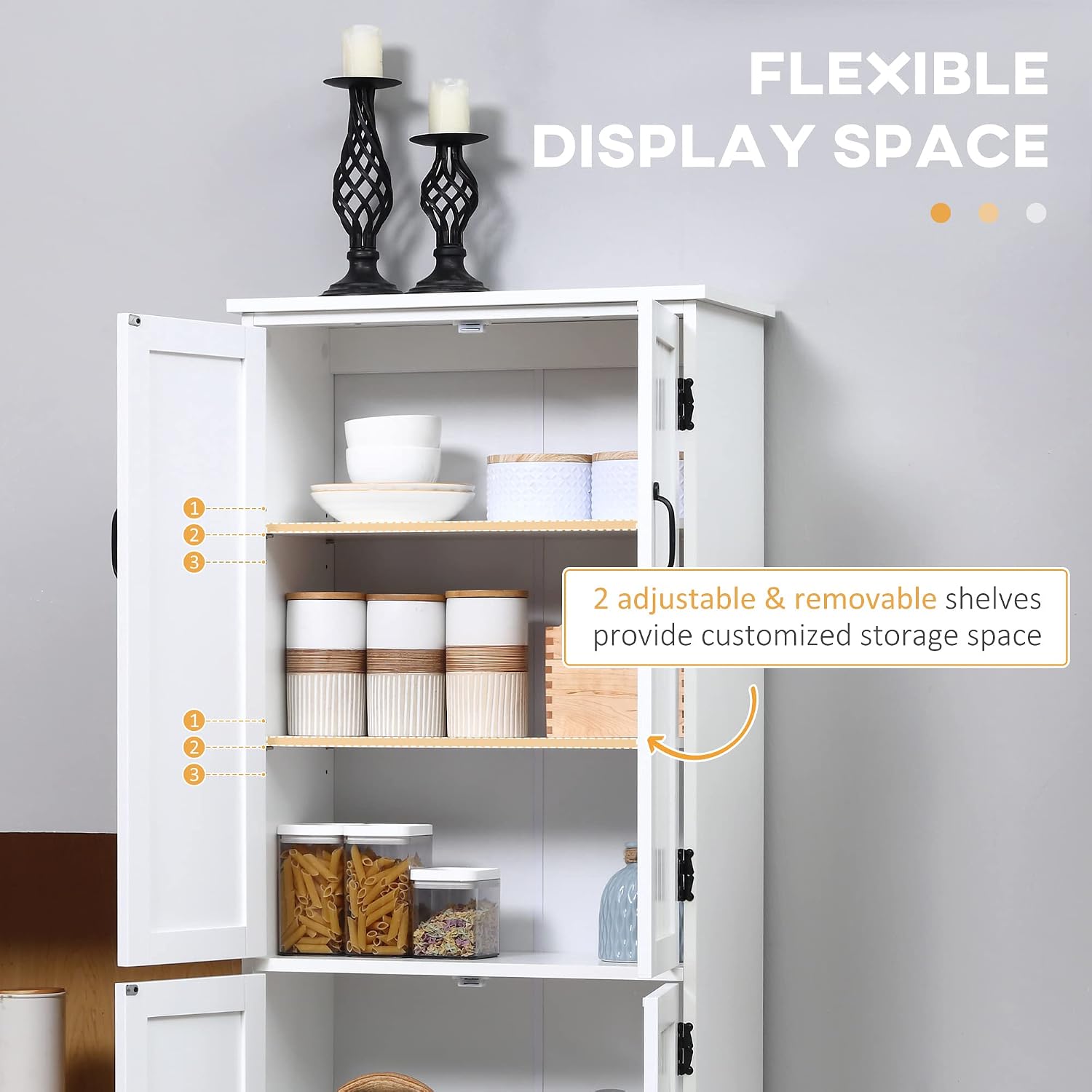 48' Farmhouse-style Freestanding Storage Cabinet, Kitchen Storage Bakers Rack with Adjustable Shelves, Utility Food Cupboard with Flexible Storage for Kitchen Dining Garage Laundry Rooms, White