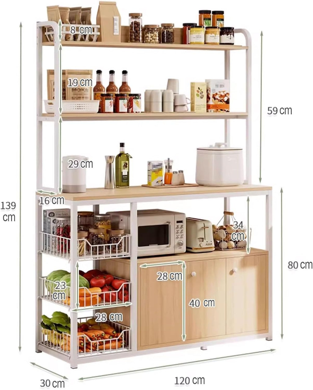Bakers Rack with Cabinet Made of Density Board with Steel Tubes Large Kitchen Baker's Rack with Wire Basket for Utensils, Pots, Pans, Spices Various Styles(B,120 * 30 * 139CM)
