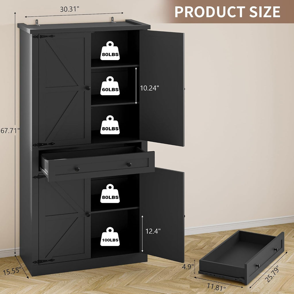 BORNOON Pantry Organizers and Storage Cabinet, 67.7' Barn Door White Kitchen Cabinet with Drawers and Adjustable Shelf, Tall Pantry for Kitchen, Dining Room, Living Room
