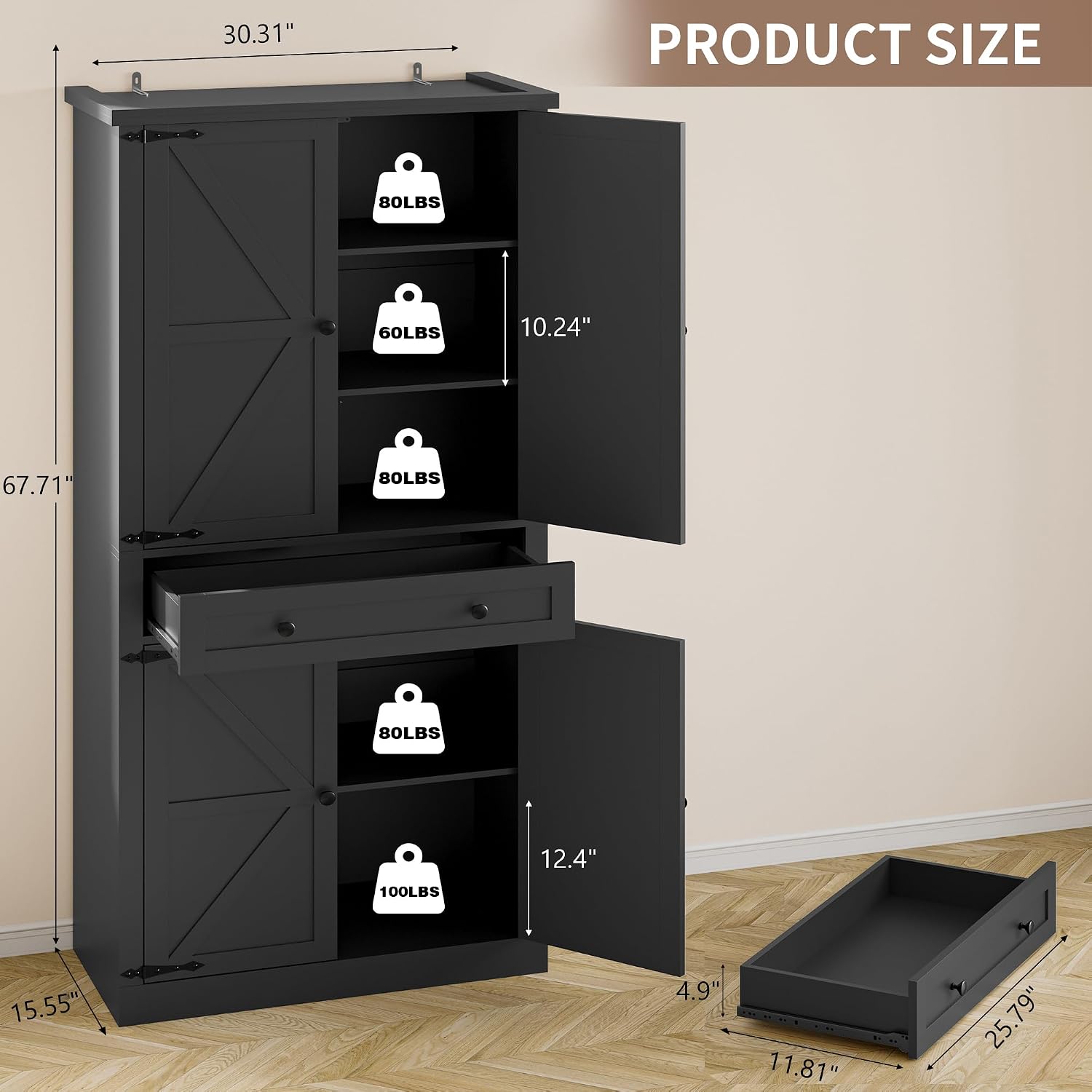 BORNOON Pantry Organizers and Storage Cabinet, 67.7' Barn Door White Kitchen Cabinet with Drawers and Adjustable Shelf, Tall Pantry for Kitchen, Dining Room, Living Room