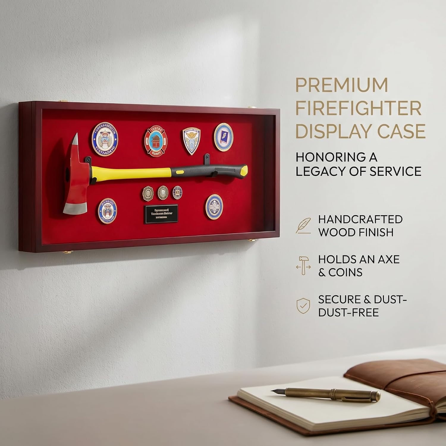 Silipull 44.5'' Firefighter Fireman Axe Display Case Wooden Wall Mount Storage Display Rack with Hanger Stand Lock W/ 98% UV Protection Acrylic Clear Door for Retired Firefighter Collector Memorabilia