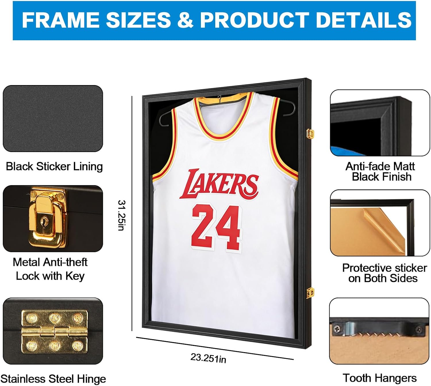 Jersey Frame Display Case 4 Pack for Wall ,Large Lockable T-Shirt Shadow Box with Clear UV Protection Acrylic & Hangers for Football Basketball Baseball Soccer Hockey, Matte Black