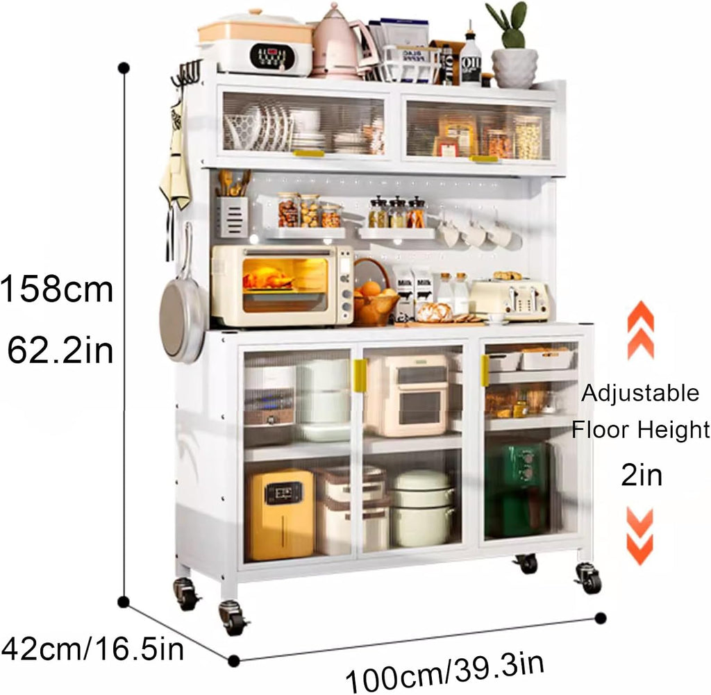 5-Tier Microwave Cart with Storage, Movable Standing Storage Cabinet Bakers Rack with Doors, DIY Backplane Creative Kitchen Storage Shelf for Spices Pots and Pans(L100cm(39.4in), White)