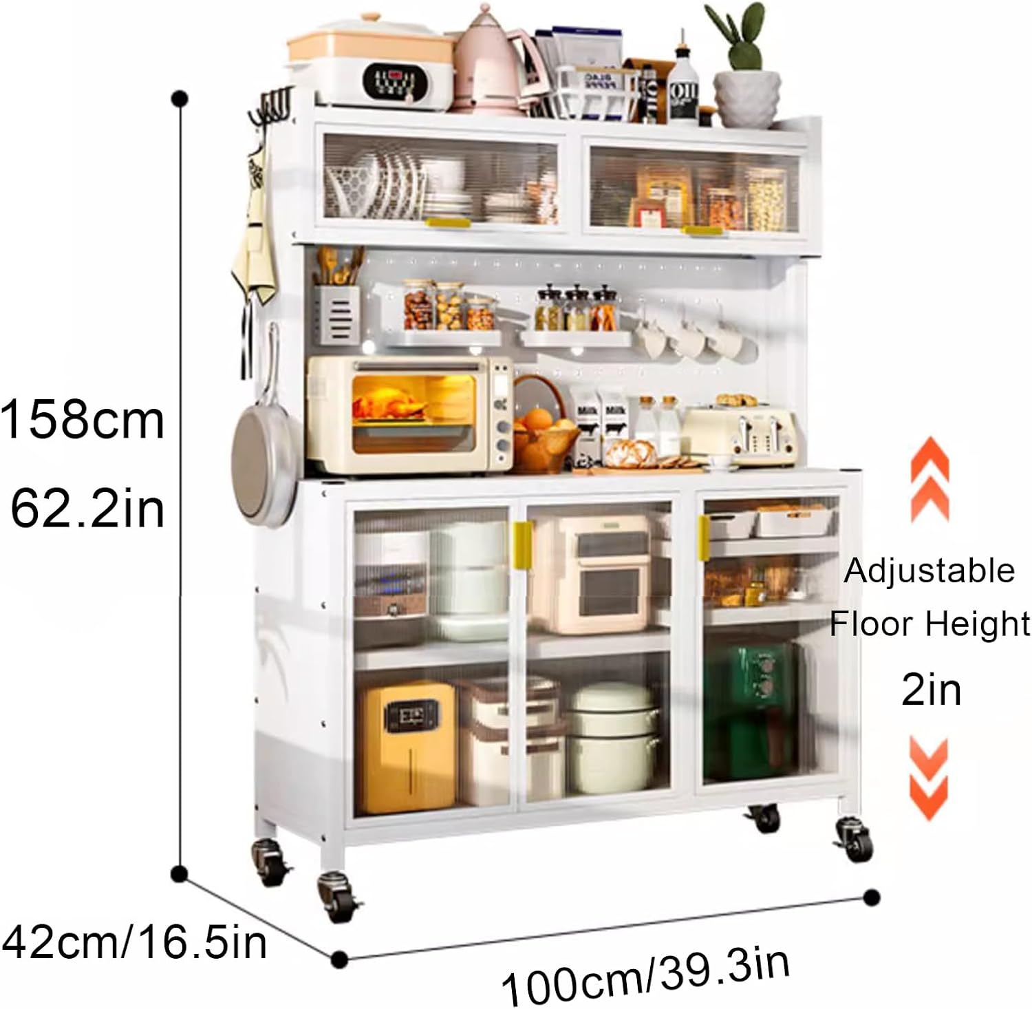 5-Tier Microwave Cart with Storage, Movable Standing Storage Cabinet Bakers Rack with Doors, DIY Backplane Creative Kitchen Storage Shelf for Spices Pots and Pans(L100cm(39.4in), White)