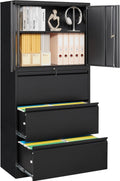 SISESOL 3 Drawer Lateral File Cabinet with Lock and Shelf,Black Metal Filling Cabinet with Drawers and Shelf, Locking File Storage Cabinets with Doors and Shelves for Home,Office,Garage,School
