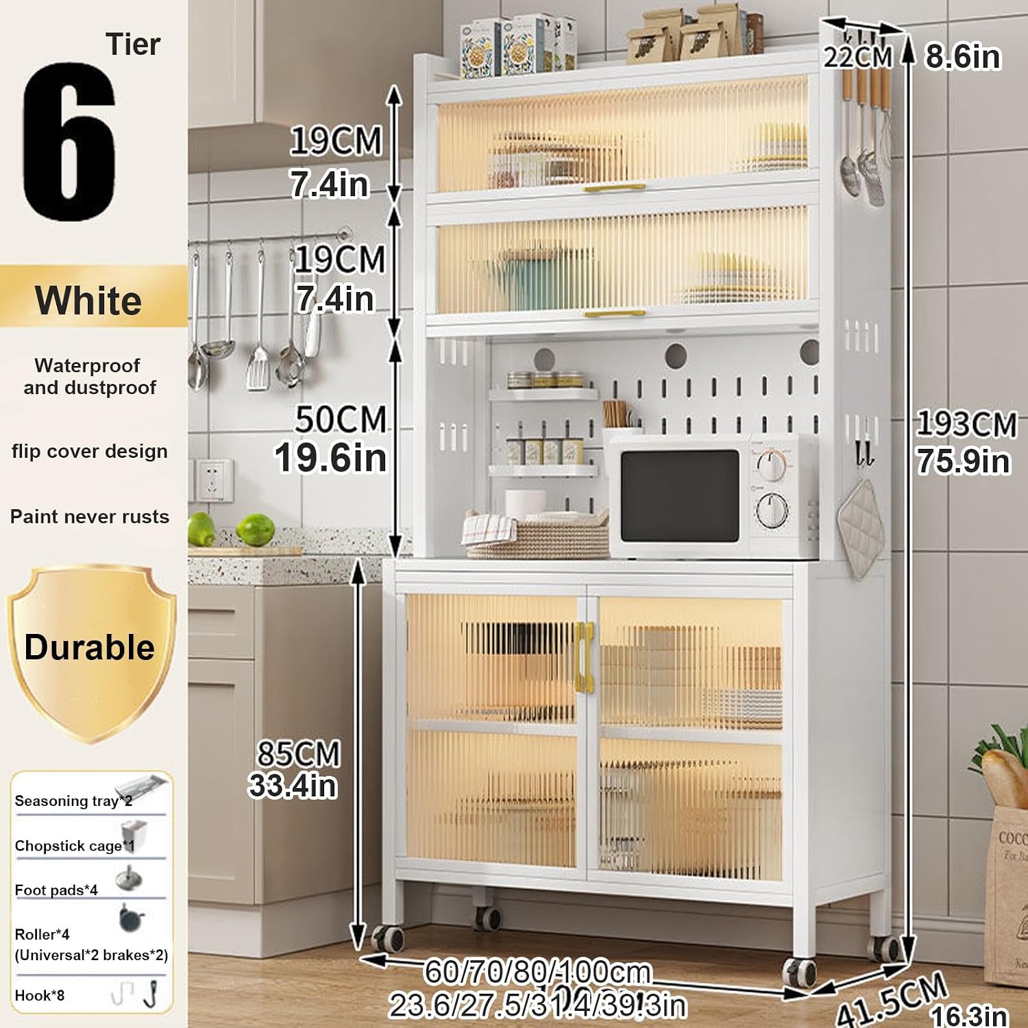 Freestanding 6-Tier Kitchen Storage Rack - Multi-Layer Microwave Stand & Bakers Rack Large Metal Cupboard for Kitchen Garage and Pantry Nization(White-80Cm/31In)