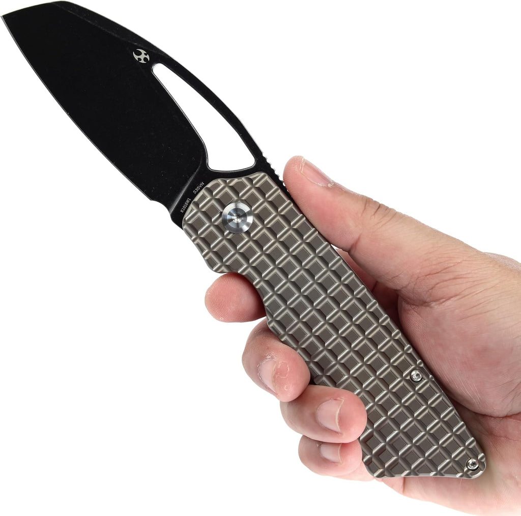 KANSEPT Knives Goblin XL Pocket Knife for Men 3.5'' Blackwash CPM 20CV Cleaver Blade,JBronzed Anodized Titanium with Frag Pattern Handle,EDC Folding Knife with Front Flipper K1016W1