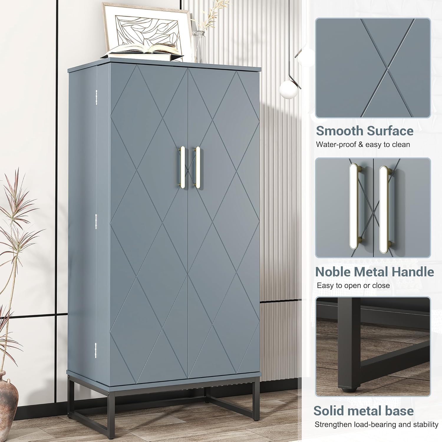 kepptory Grey Pantry Cabinet with Golden Metal Base, 51' Freestanding Kitchen Storage Cabinet, Adjustable Shelves Food Pantry Organization for Kitchen, Living Room, Hallway, Tall Pantry Cabinet