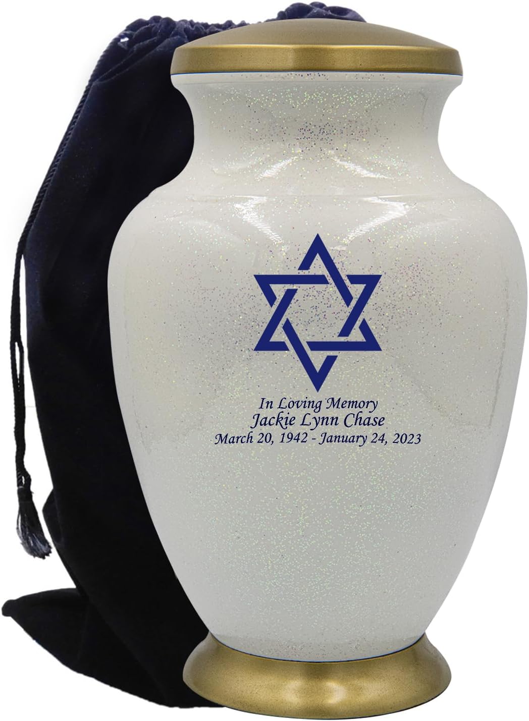 Star of David Blue Customization White Glitter Cremation Urn for Human Ashes, Jewish Cremation Urn, Religious Ash Urns with Personalized Engraving (White Glitter)