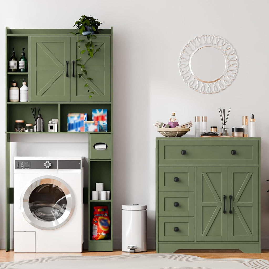 Vabches Farmhouse Storage Cabinet with 2 Doors and 4 Drawers, Freestanding Bathroom Storage Cabinet Kitchen Pantry, Floor Hutch Cupboard for Bathroom/Living Room/Kitchen.Green