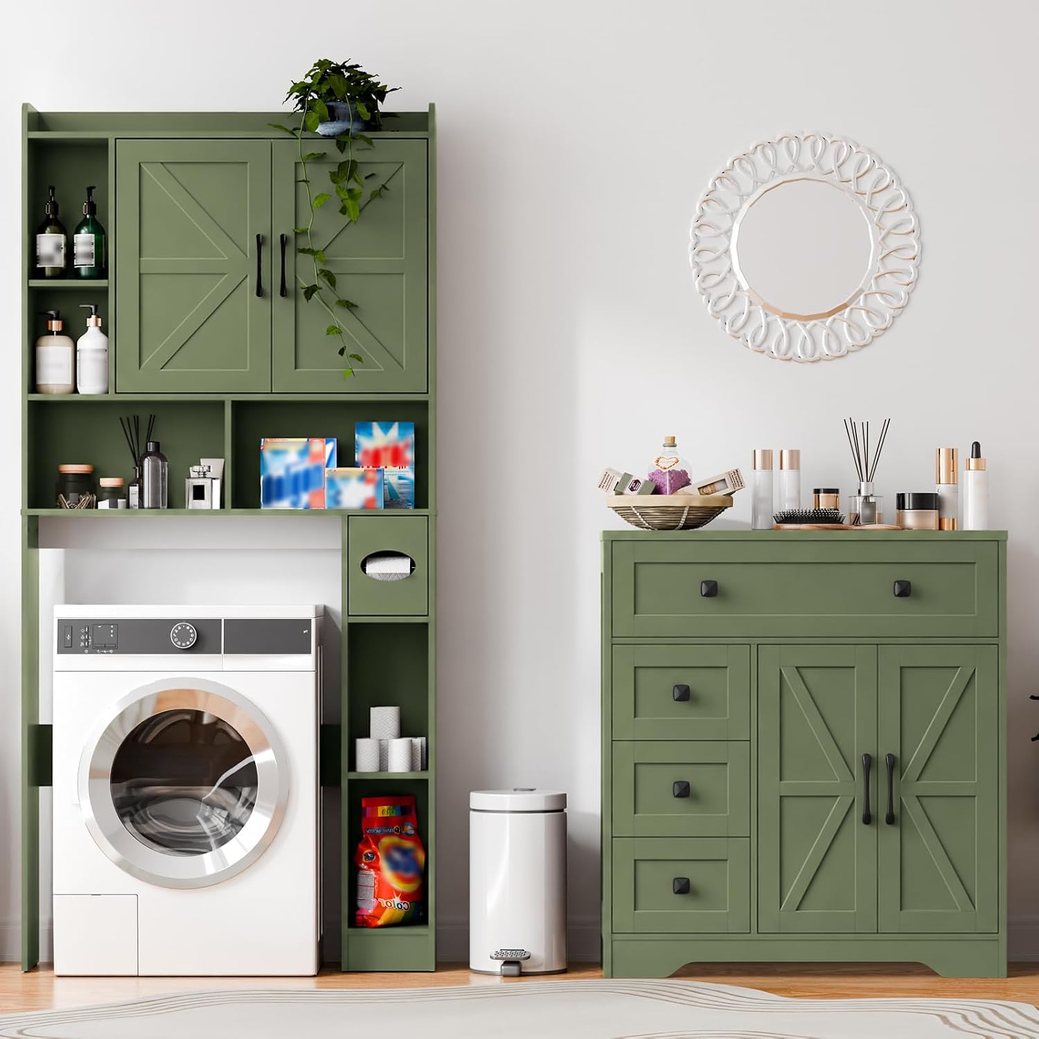 Vabches Farmhouse Storage Cabinet with 2 Doors and 4 Drawers, Freestanding Bathroom Storage Cabinet Kitchen Pantry, Floor Hutch Cupboard for Bathroom/Living Room/Kitchen.Green