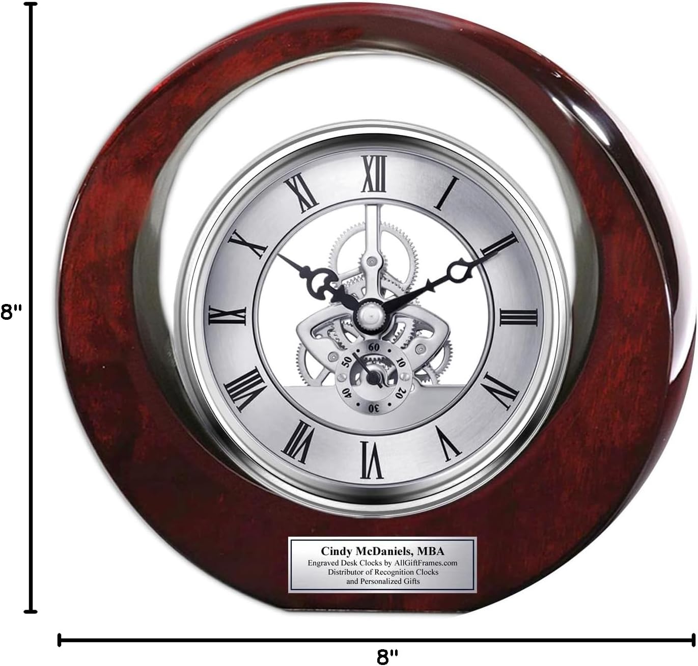 Executive Engraved Silver Gear Da Vinci Marquee Dark Cherry Personalized Desk Clock Employee Recognition Service Award Wedding Anniversary Desk Clock Retirement Coworker Boss Colleague