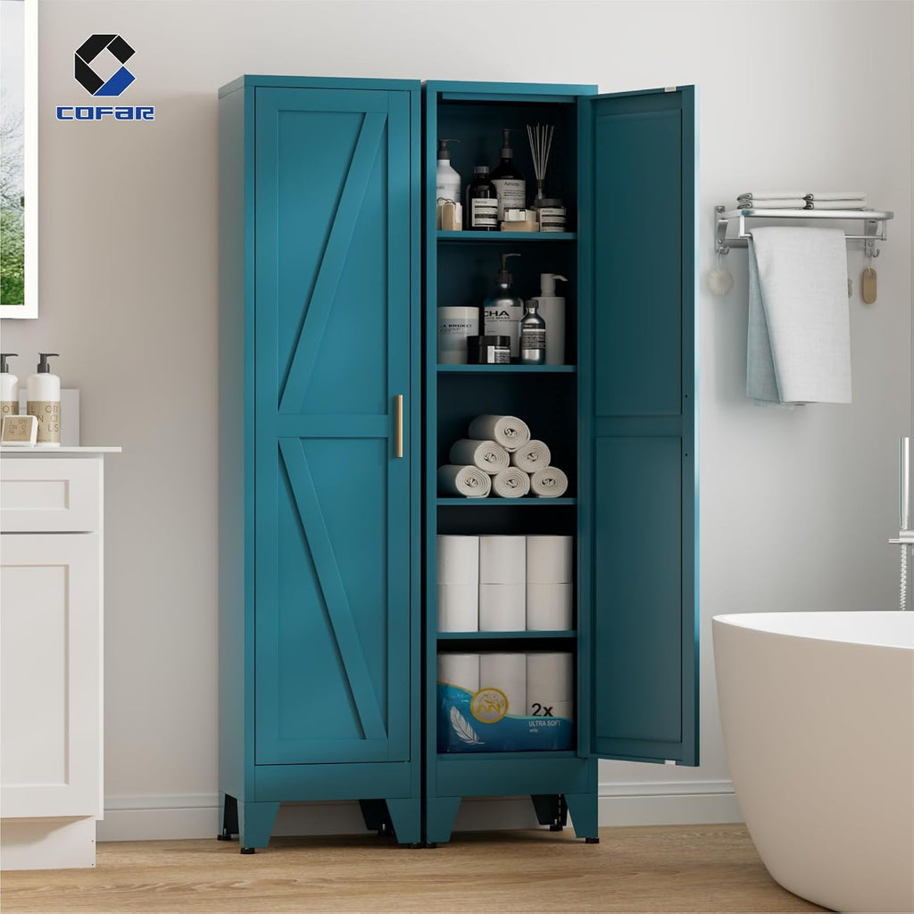 COFaR 67'' Tall Narrow Bathroom Storage Cabinet, Metal Farmhouse Skinny Pantry Cabinet with 4 Adjustable Shelves and One Door, Slim Cabinet Storage for Kitchen Laundry, 5-Tier Peacock Blue