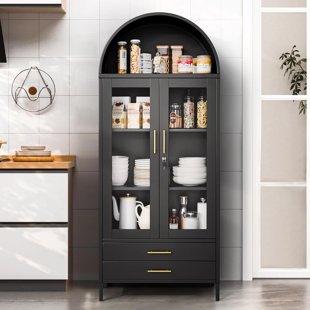 Holiwei 73' Tall Arched Cabinet, Metal Kitchen Pantry with Glass Doors, Modern Display Cabinet with 2 Drawers and 2 Adjustable Shelves for Living Room