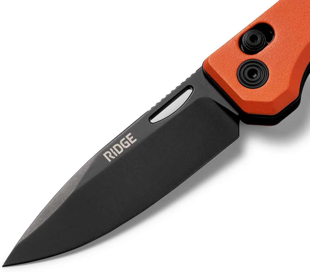 Ridge Everyday Folder Knife - Premium EDC Pocket Knife, Sandvik 14C28N Steel Drop Point Blade with Black DLC Finish, Ceramic Bearings, Deep Carry Clip & Multipurpose Design (Basecamp Orange)
