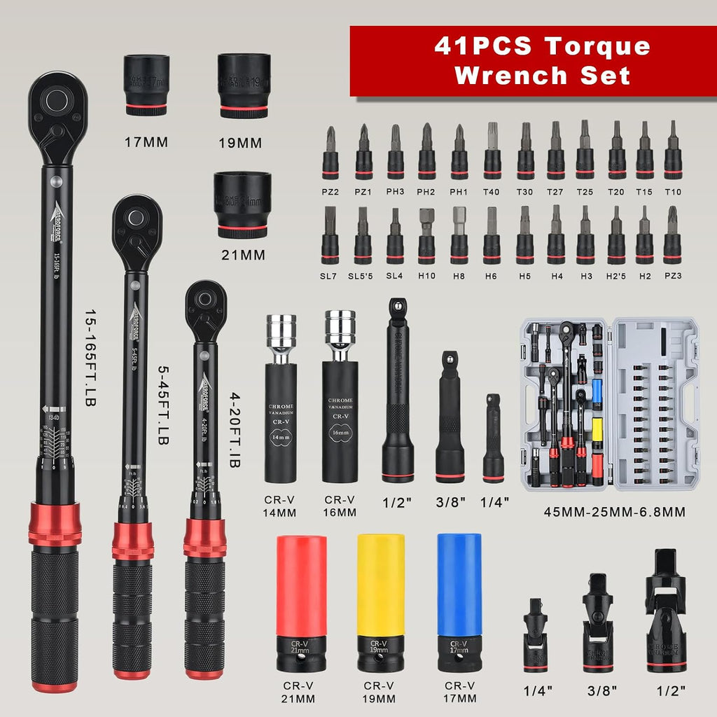 AEROFORCE 1/4 & 3/8 & 1/2-inch Drive Click Torque Wrench, 41Pcs Torque Wrench Set with Sockets and extensions, Hex, Torx, magnetic Spark Plug for Car, Motorcycle, Bike Repair