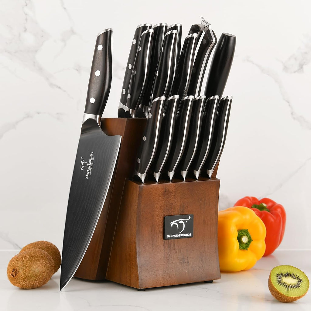 16-Piece Damascus Knife Set with VG10 Core Blades, 67-Layer Damascus Steel, Black Titanium Coated Kitchen Knives for Polished Ebony Wood Handle, Professional Chefs & Home Cooking