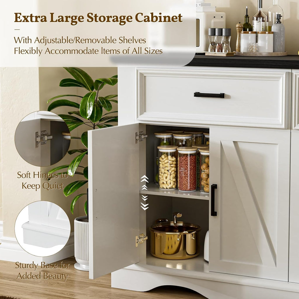 56' Modern Farmhouse Sideboard Buffet Cabinet with 4 Doors and 2 Drawers, Kitchen Storage Cabinet with Adjustable Shelves, Coffee Bar with Charging Station for Living Room, White