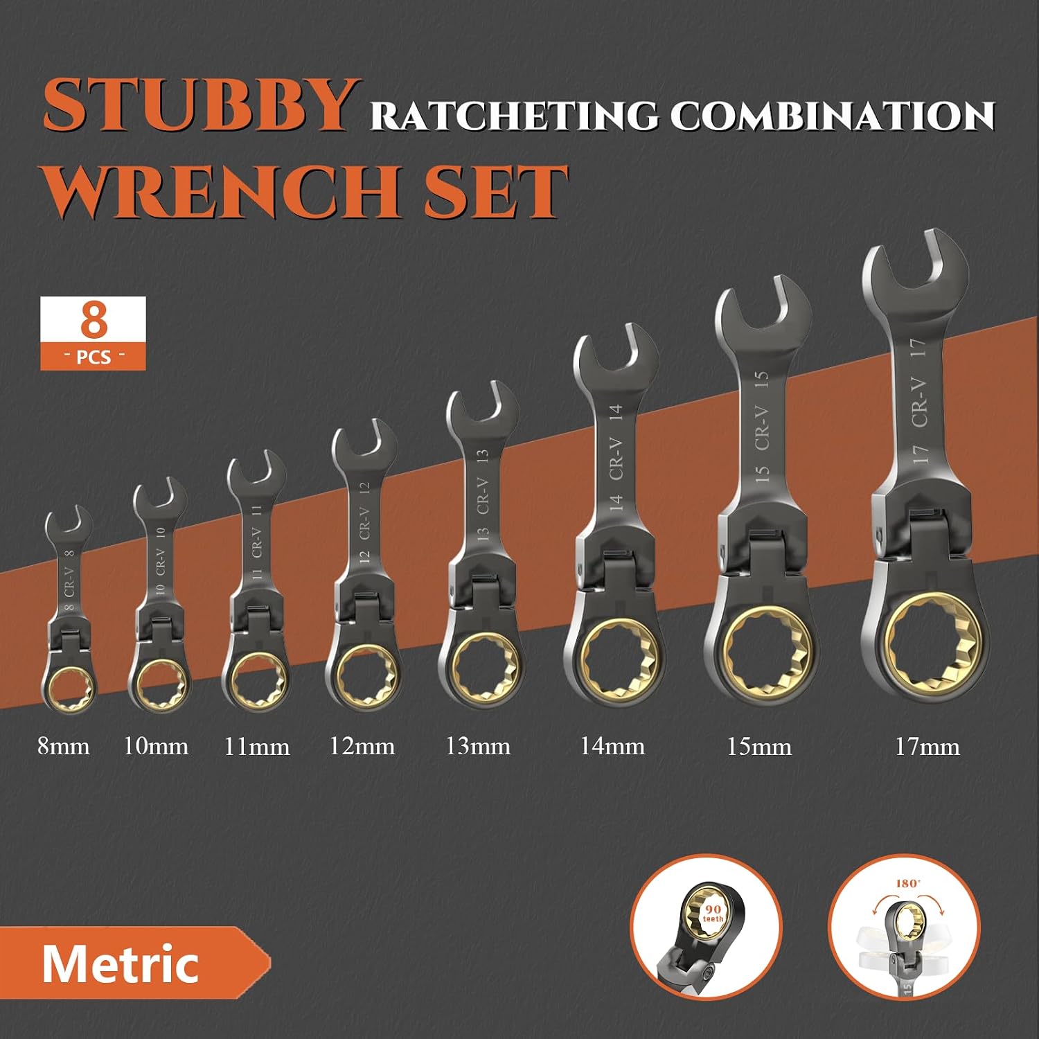 SUZUME 8PCS Stubby Metric Wrenches Set (8-17mm) & 24PCS Metric and SAE Flex Head Ratcheting Wrench set