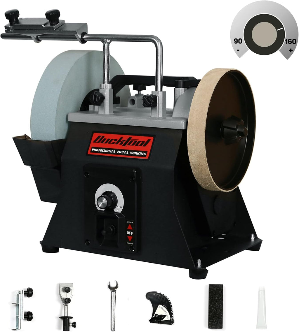 BUCKTOOL 10-Inch Variable Speed Wet Sharpening System, 1.2-Amp Two-Direction Water Cooled Wet Stone Grinder 90-160RPM, Wet Bench Grinder for Knife, Chisel, Knife, Axe, SCM8103