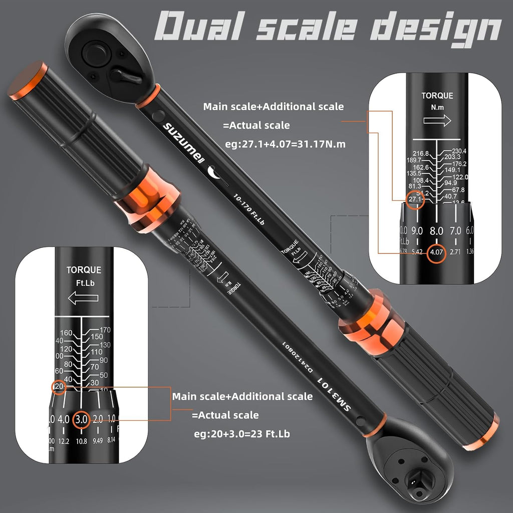 SUZUME 3PCS Torque Wrench Set & Flex Head Stubby Ratcheting Wrench Set