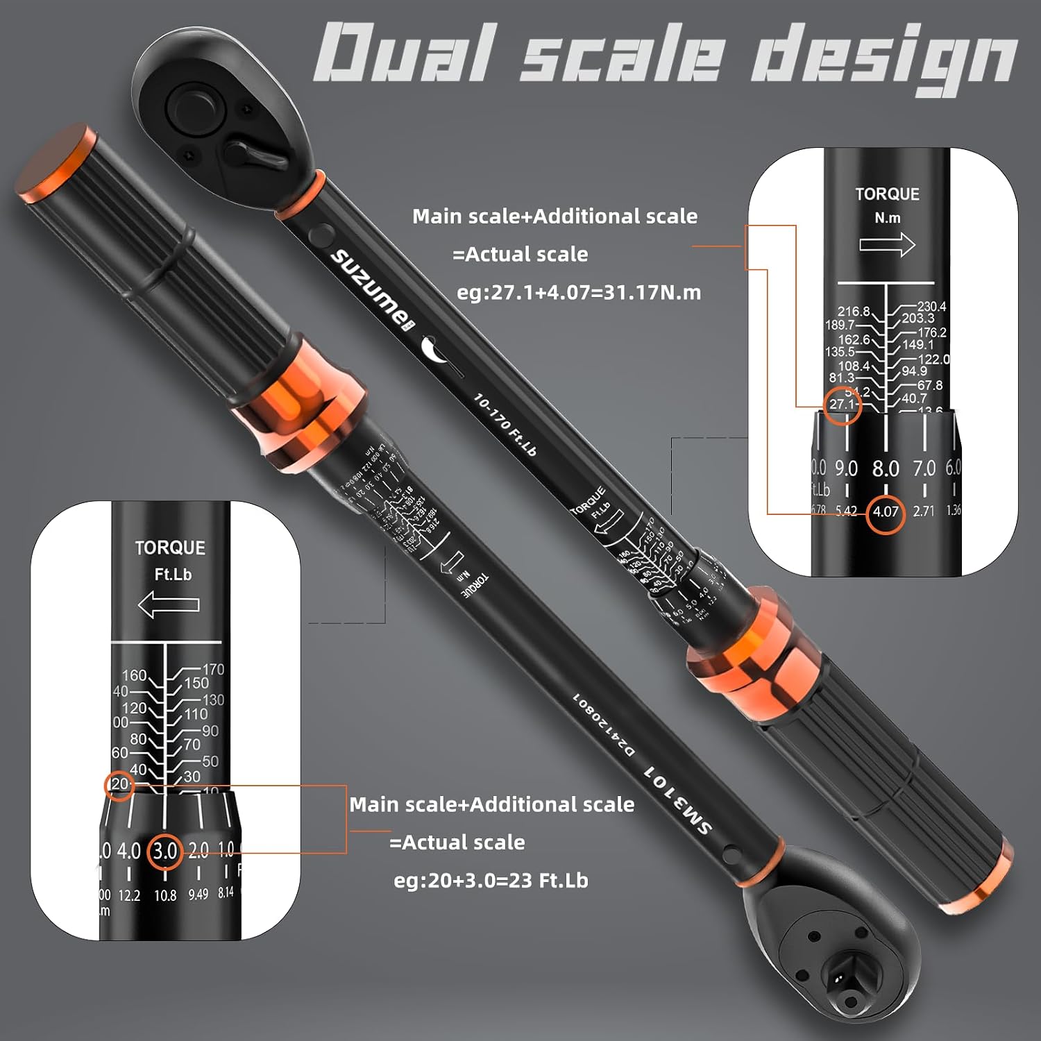 SUZUME 3PCS Torque Wrench Set & Flex Head Stubby Ratcheting Wrench Set