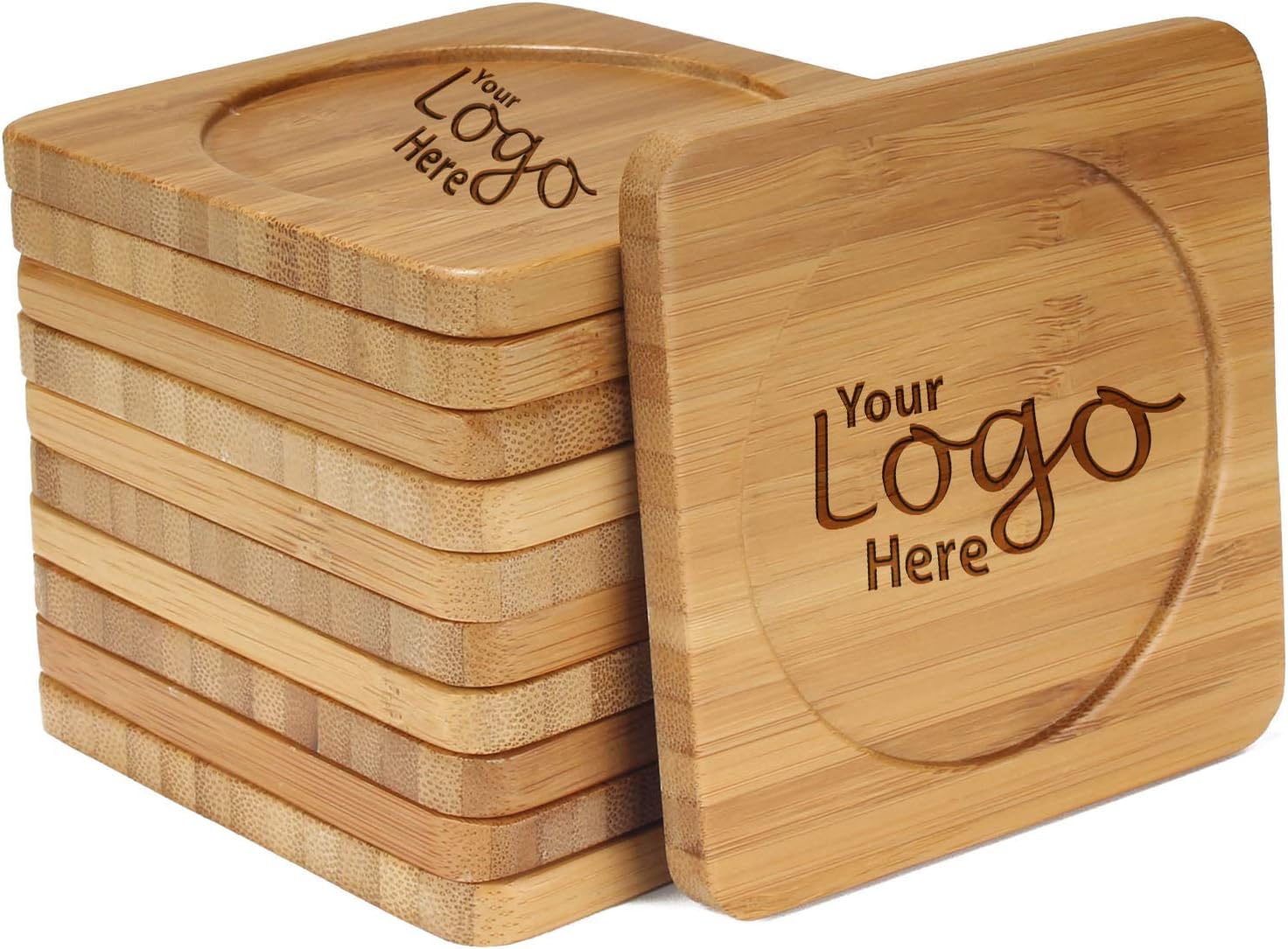 BambooMN Custom Laser Engraved Personalized Bamboo Wooden Company Logo Promotional Marketing Business Bulk Coasters - Square - 100 Pieces