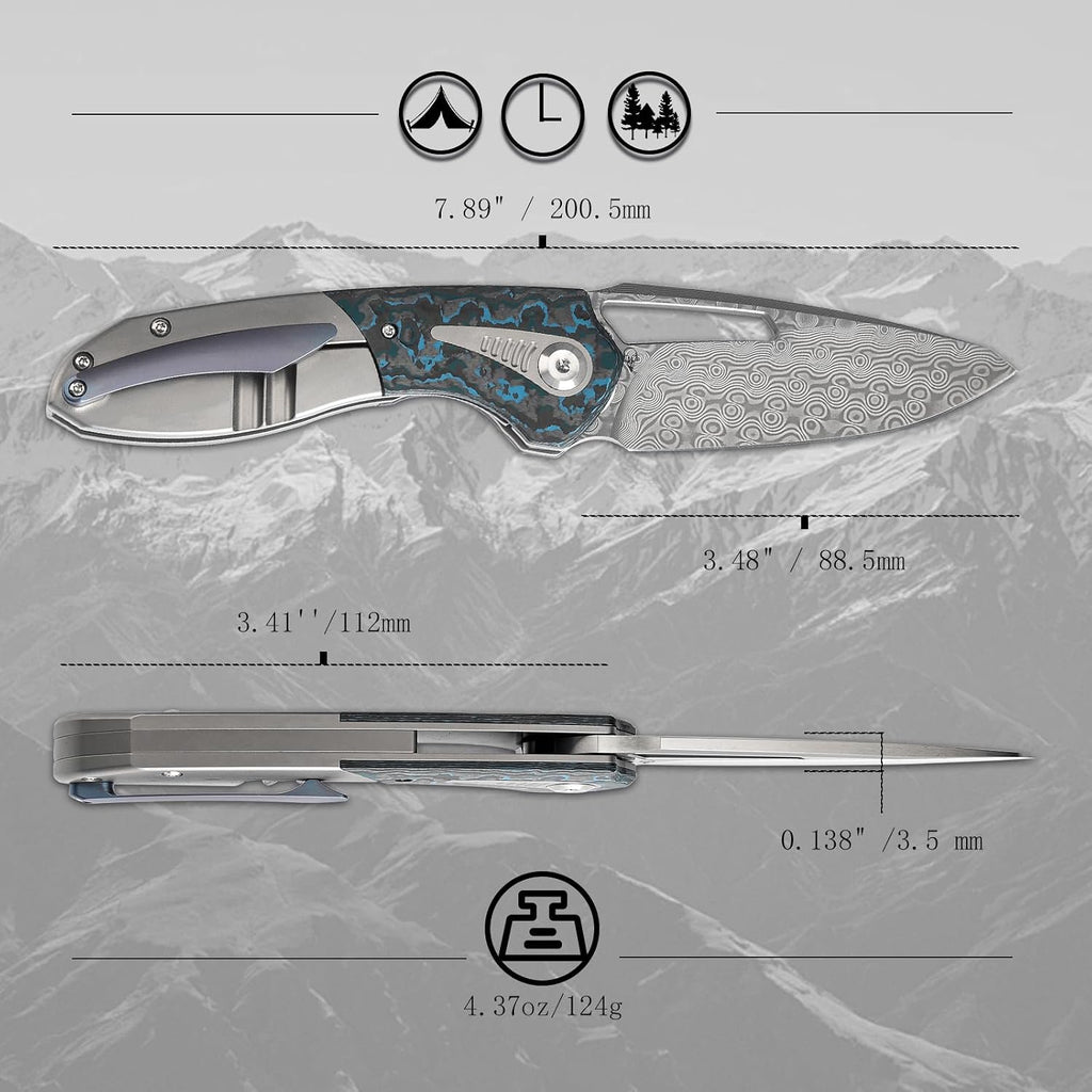 KANSEPT Thoth Camping Pocket Knives for Men 8.05in Folding Pocket Knives with 3.43in Damascus Material and Bead Blasted Titanium + Arctic Storm Fatcarbon Handle for Outdoor,Tactical,Survival K1075A2