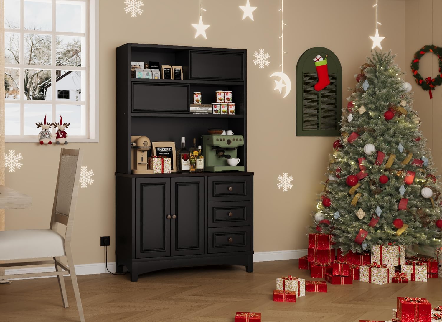 BLANKSPACE 71' Tall Kitchen Pantry Cabinet with Microwave Shelf Built-in Charging Station, Black Sliding Door Cabinet with Drawer Storage Organizer/Adjustable Shelves for Dining Room, Living Room