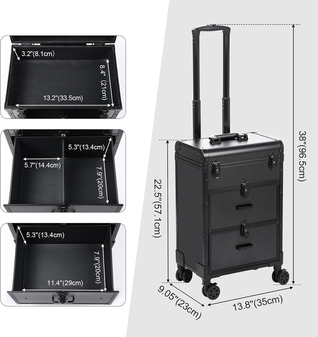 3 in 1 Rolling Makeup Case, Professional Cosmetology Case on Wheels with 2 Drawers, Ideal Gift for Hairstylist, Nail Techs, 3 Tiers Portable Beauty Organizer Case for Travel or Salon Use, Black