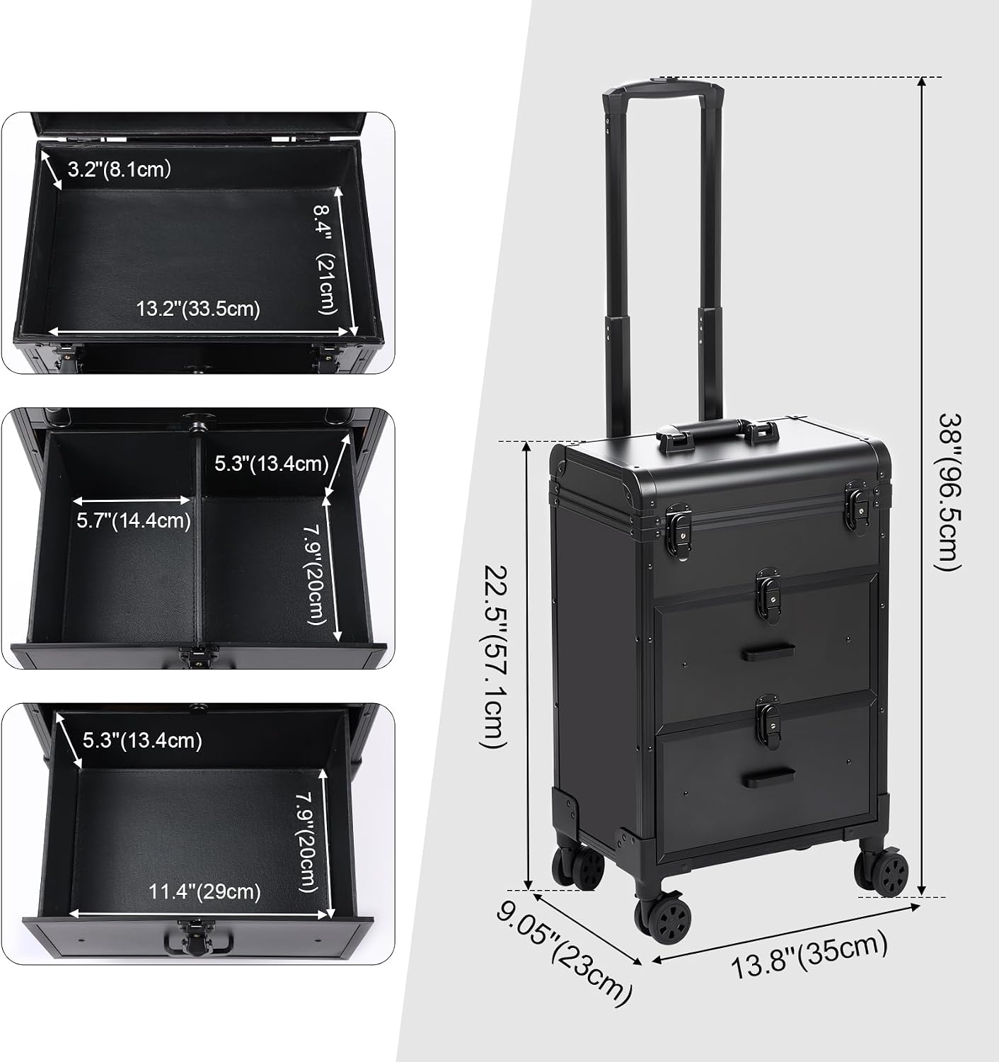 3 in 1 Rolling Makeup Case, Professional Cosmetology Case on Wheels with 2 Drawers, Ideal Gift for Hairstylist, Nail Techs, 3 Tiers Portable Beauty Organizer Case for Travel or Salon Use, Black