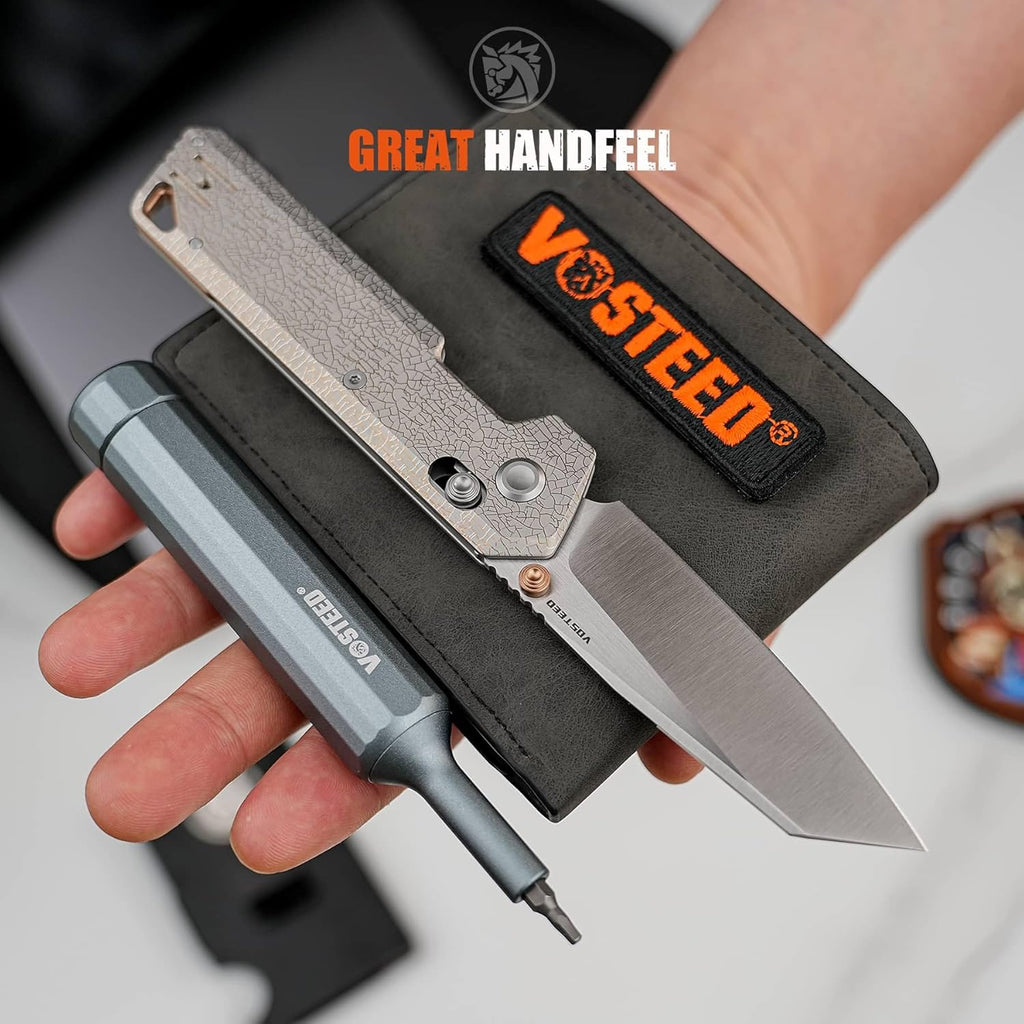 Vosteed Parallel EDC Pocket Knife - 2.90' S35VN Satin & Brushed Blade, Reverse Tanto - Crossbar Lock, Arctic Crackle Titanium Handle - Camping, Hunting Knives - A3509