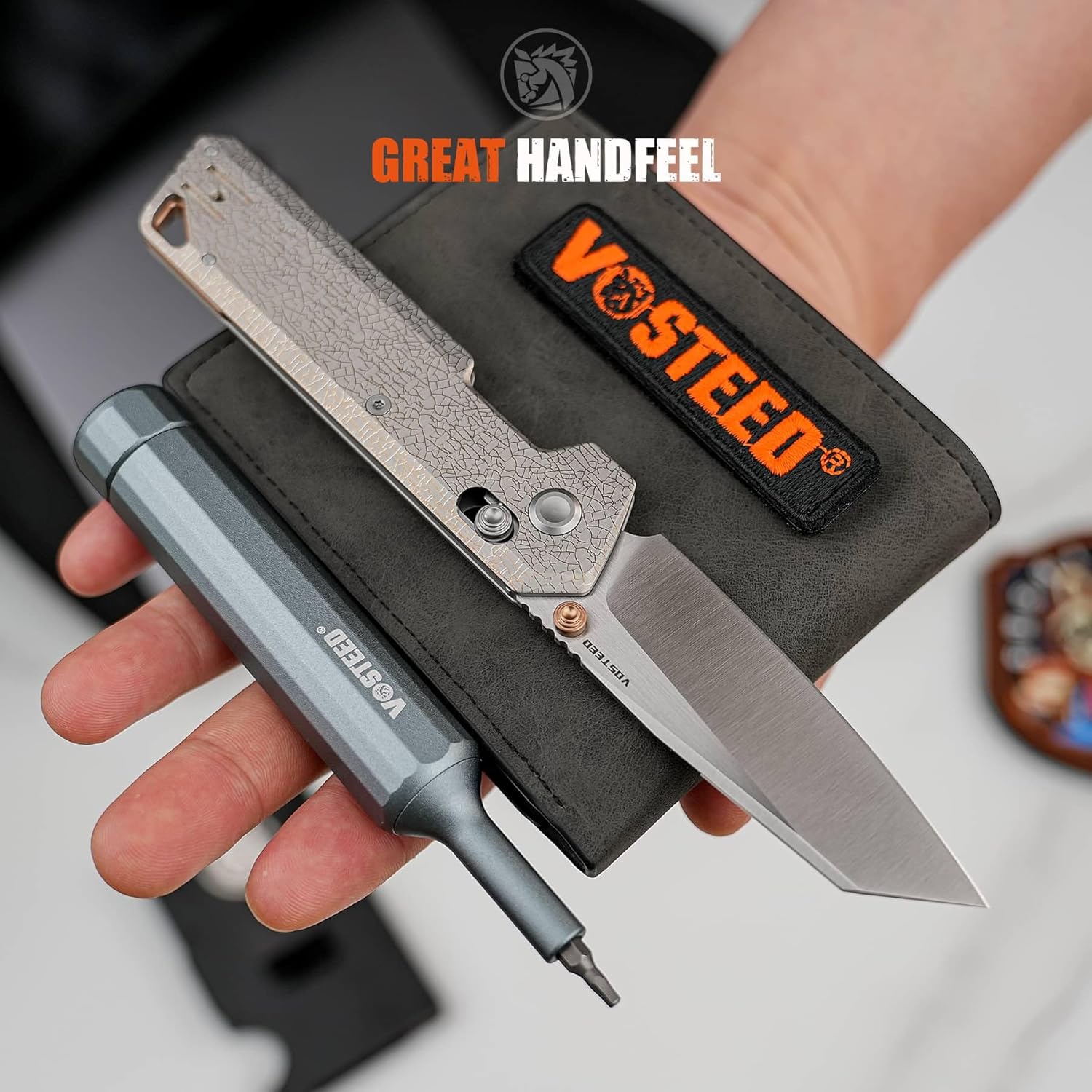 Vosteed Parallel EDC Pocket Knife - 2.90' S35VN Satin & Brushed Blade, Reverse Tanto - Crossbar Lock, Arctic Crackle Titanium Handle - Camping, Hunting Knives - A3509