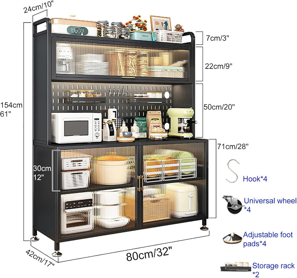 Microwave Storage Stand,5-Tier Kitchen Baker's Rack with Flip Door Cabinet, DIY Backplane Creative, Open Operator Console, for Kitchen, Dining Room, Living Room (Color : White, Size : 80cm/