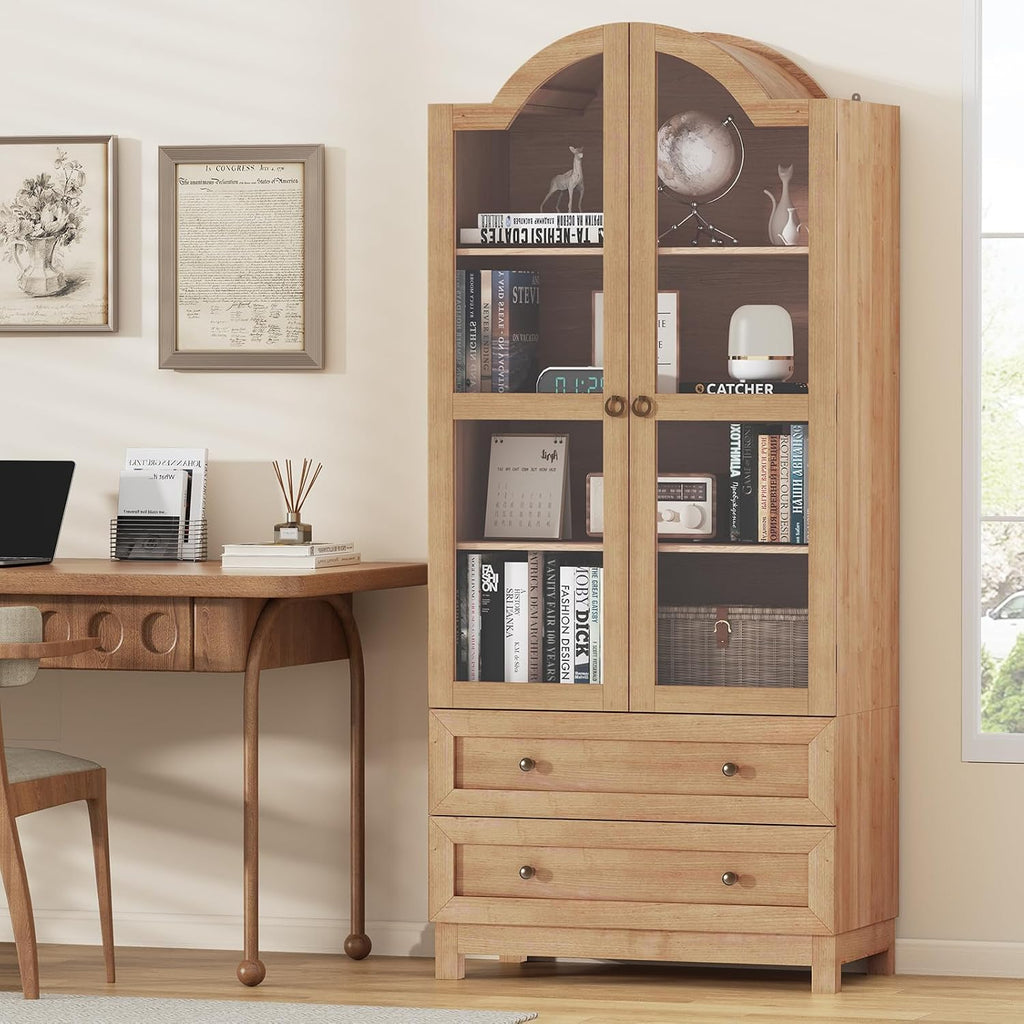 EasyCom 71 Tall Arched Cabinet, Farmhouse Wood Pantry Cabinet with 2 Large Drawers, 4-Tier Kitchen Storage Cabinet with Adjustable Shelf & Magnetic Clasp Doors for Living Room, Dining Room, Natrual