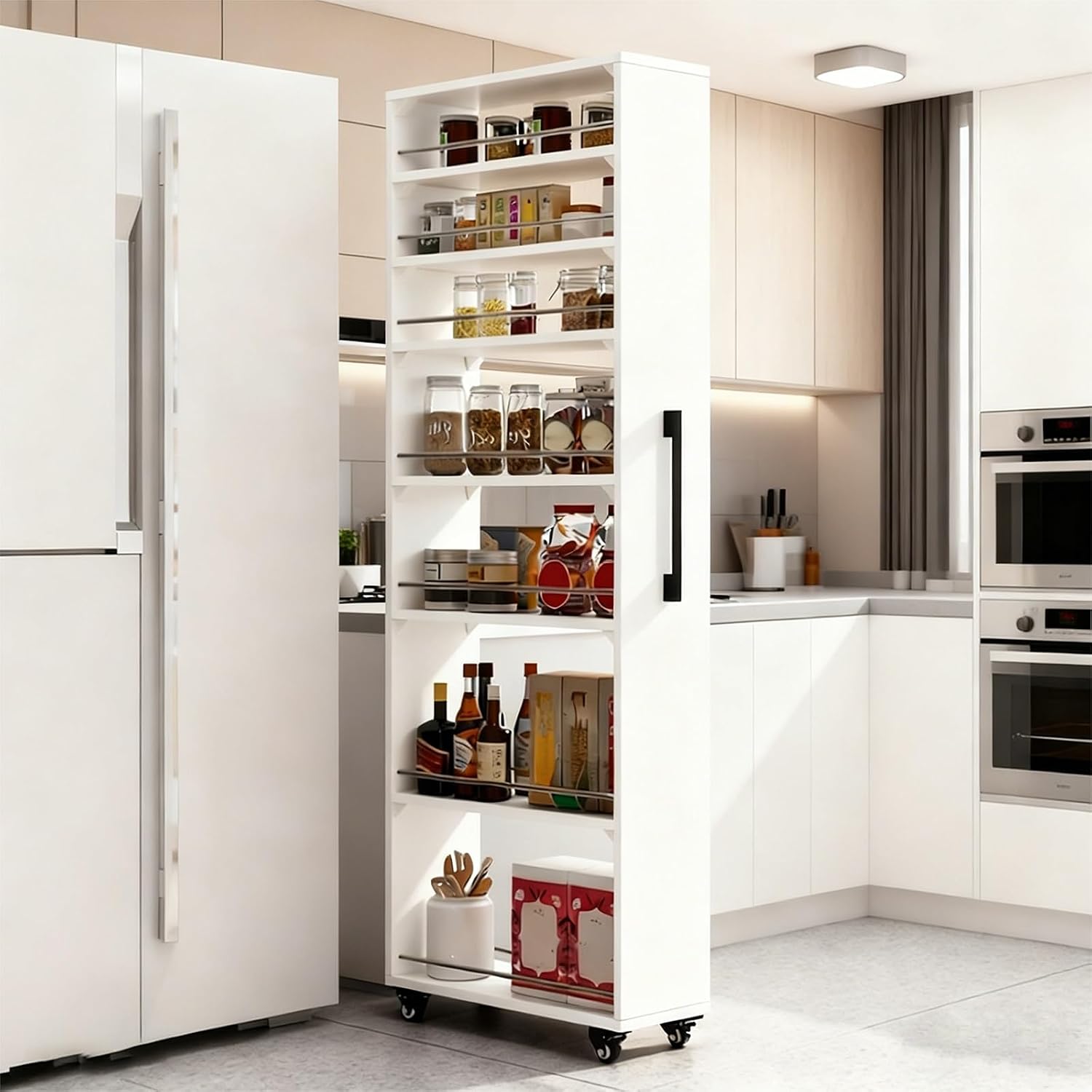7-Tier Slim Storage Cart, Narrow Shelf Organizer, Wooden Rolling Pantry Cabinet with Wheels, for Kitchen, Bakers Rack, Dining Room, Closet(White,21.6' Dx6 Wx72.5 H)