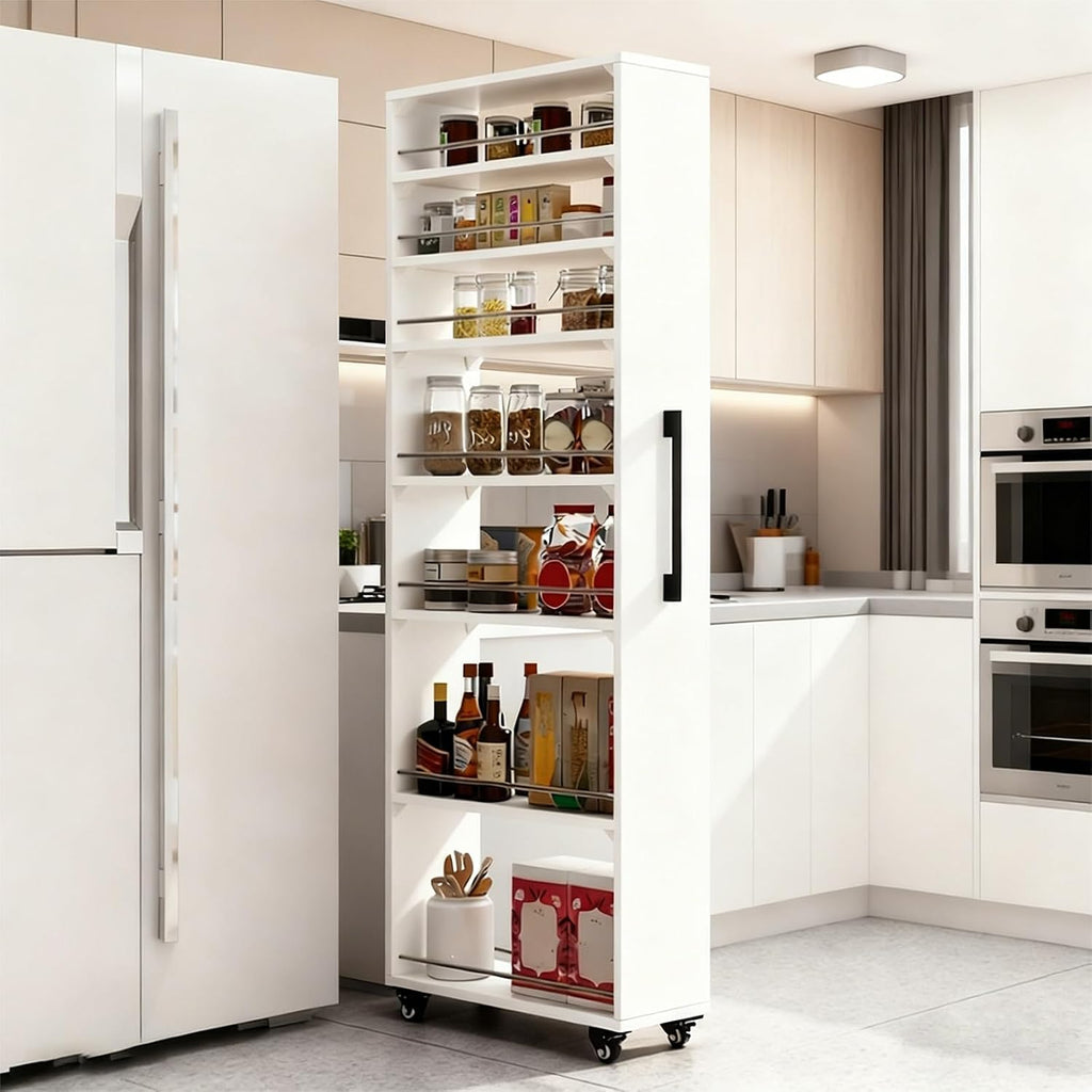7-Tier Slim Storage Cart, Narrow Shelf Organizer, Wooden Rolling Pantry Cabinet with Wheels, for Kitchen, Bakers Rack, Dining Room, Closet(White,17.7' Dx9.8 Wx72.5 H)