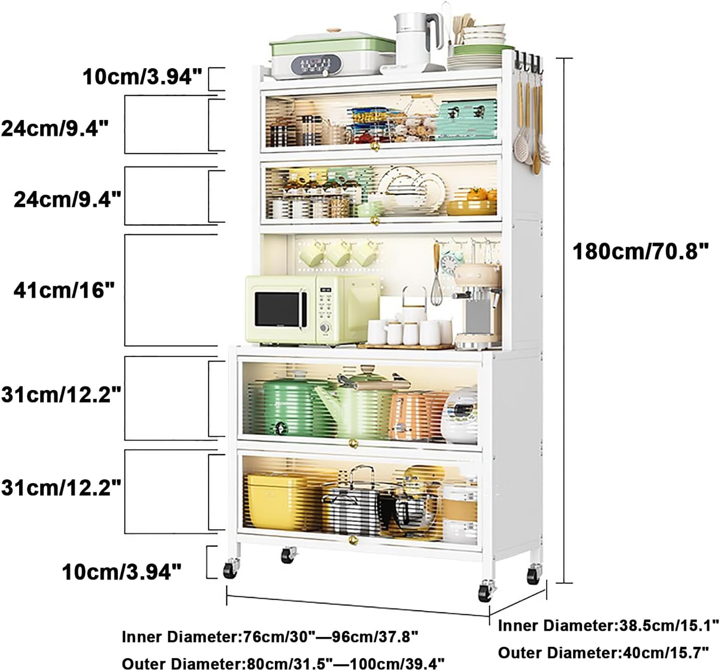 Kitchen Baker's Rack with Hooks, 6-Tier Metal Storage Cabinet, Floor Standing Coffee Bar, Table Organizer Cabinets with Wheels & Flip Door, Microwave Oven Stand,White,L 80cm/31.5'