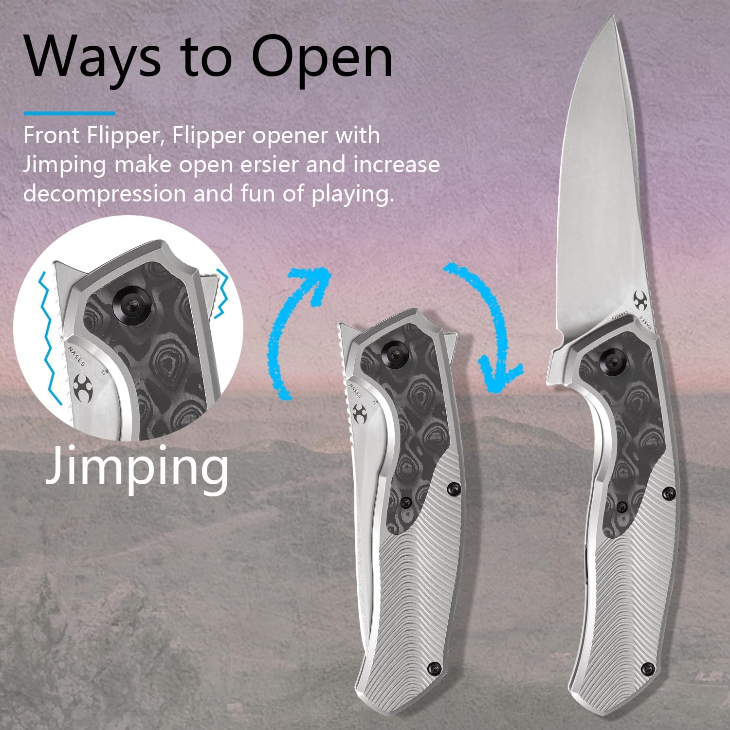 KANSEPT HAVØRN Pocket Folding Knives Camping Hiking Folding Knife 3.48'' Stonewashed CPM S35VN Blade Pocke Knife with Titanium Rose Pattern Carbon Fiber Handle Everyday Carry K1069A2