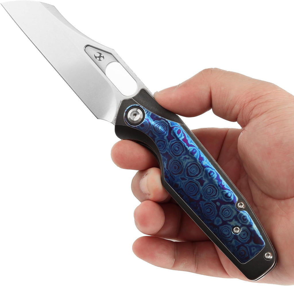 KANSEPT Tuckamore Camping Pocket Knives for Men 8.12in Folding Pocket Knives with 3.54in Stonewashed CPM 20CV Material and Blackwash Titanium Timascus Handle for Outdoor, Tactical, Survival K1052A6
