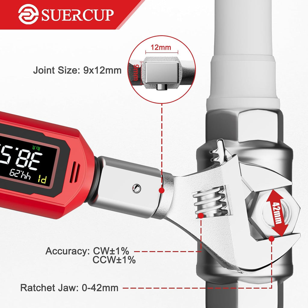 SUERCUP 9x12 mm Adjustable Digital Torque Wrench, 0.66-44.29Ft.Lb/0.9-60N.m | Interchangeable Open End Head 42mm Jaw & 3/8' Ratchet, Vibration/Buzzer/LED Alert, for Split AC, HVAC, Bike & Moto Repair