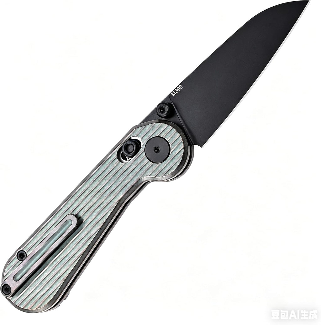 Hightron EdgePlay, Bulit-in Pop-Coin Fidget Knife, All-black, M390 Blade, Green AnodizedTitanium Handle, Axis Lock, CNC titanium Pocket Clip, Utility Playful EDC Gear