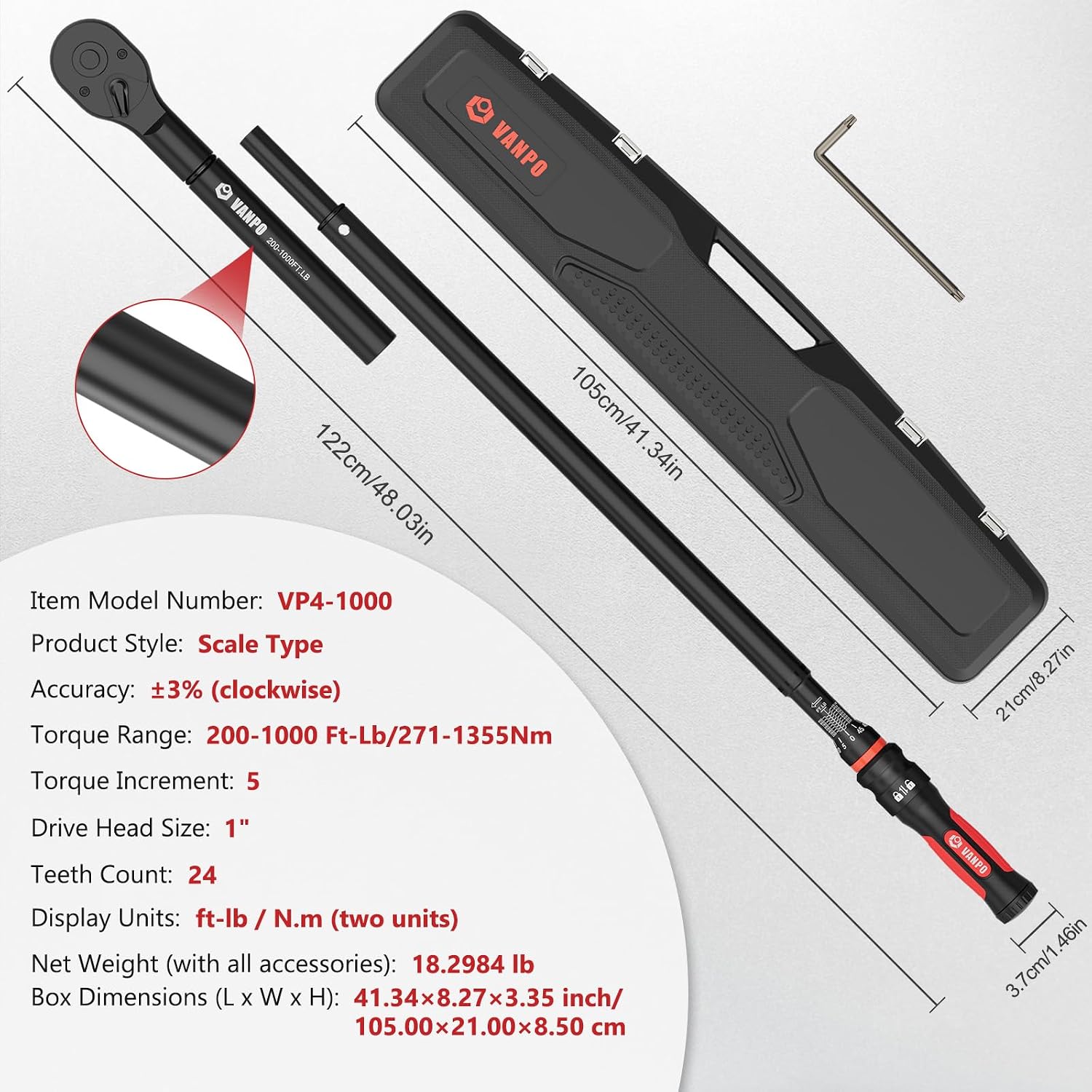 VANPO Torque Wrench 1 Inch Drive 200–1000 Ft-Lb Industrial Heavy Duty Click Type for Mining, Oilfield & Structural Work – TPR+ABS Handle, ±3% Accuracy, 24-Tooth Ratchet, 48' Long Handle with Case