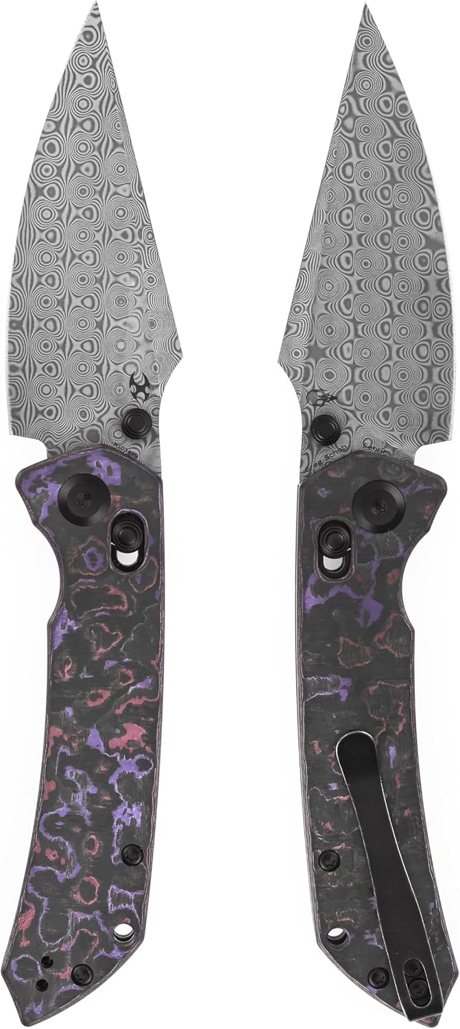 KANSEPT Fenrir Pocket Knife, 3.48'' Damascus Harpoon Blade, Purple Haze Fatcarbon Handle with Crossbar Lock, Thumb Stud Deep Clip for Edc, Camping Survival Hiking Folding Knives K1034V9