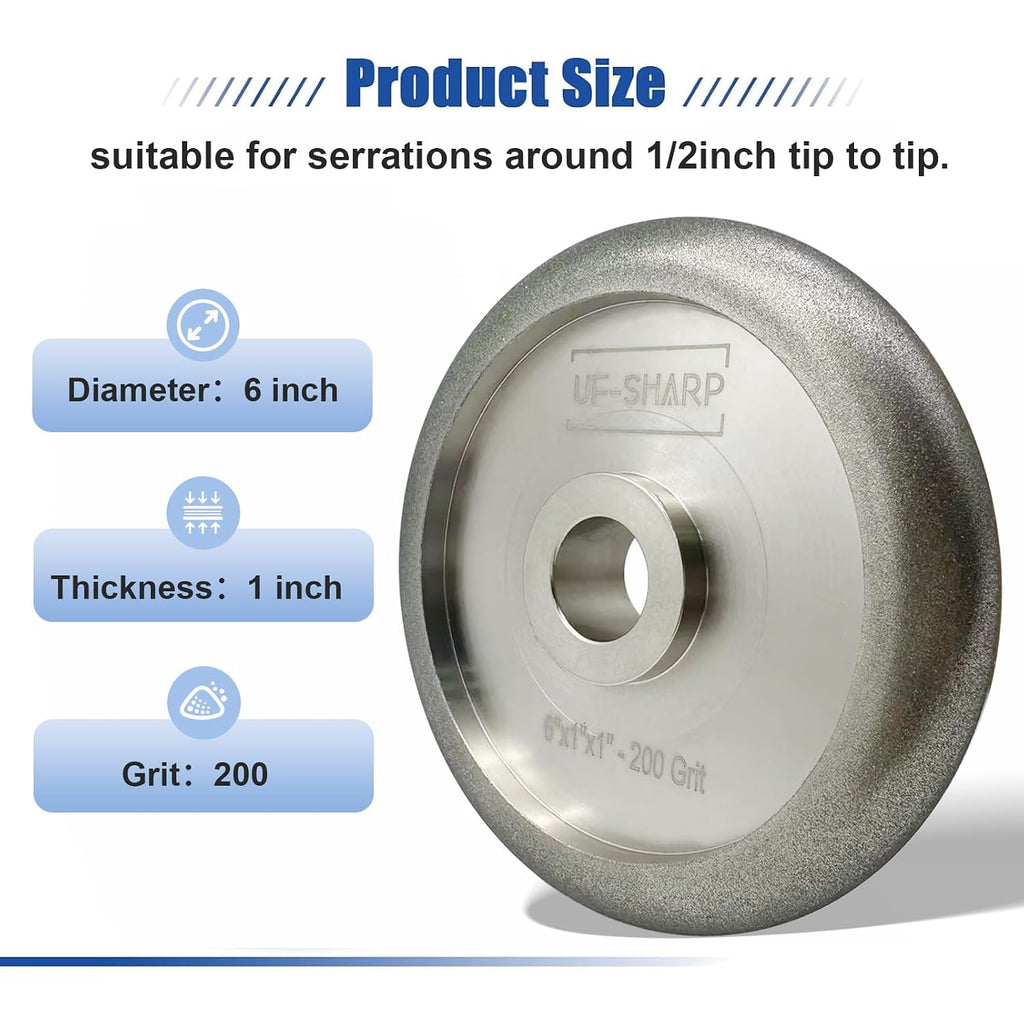 Diamond Serration Grinding Wheel for Sharpen Common Size of Bread Knife Serration,with Arbor Adapter to Fit 1/2'', 5/8'', 3/4'' Shaft (1 inch, 200, Medium)