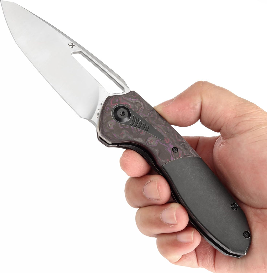 KANSEPT Thoth Camping Pocket Knives for Men 8.05in Folding Knives with 3.43in Satin CPM 20CV Material and Blackwash Titanium Purple Haze Carbon Fiber Handle for Outdoor,Tactical,Survival K1075T1