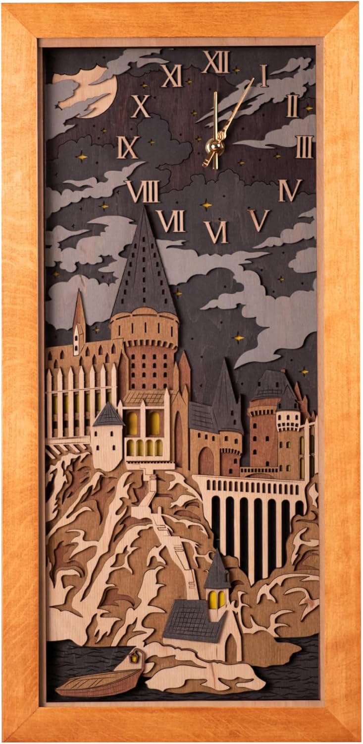 Hogwarts 3D Wall Clock - Unique Collectible Wooden Clock - Silent Large Modern Rustic Decorative Home Decor for Harry Potter Fans (Oak Brown, L)
